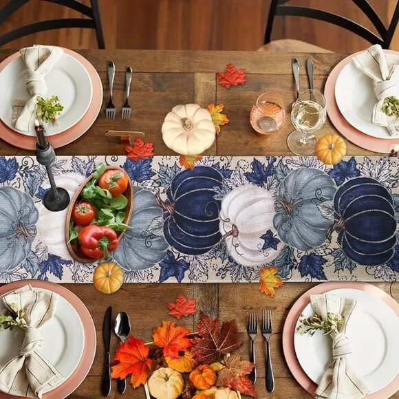 Thanksgiving Fall Linen Table Runner - Pumpkin and Maple Leaf Design -72" x 13" - Picture 5 of 9